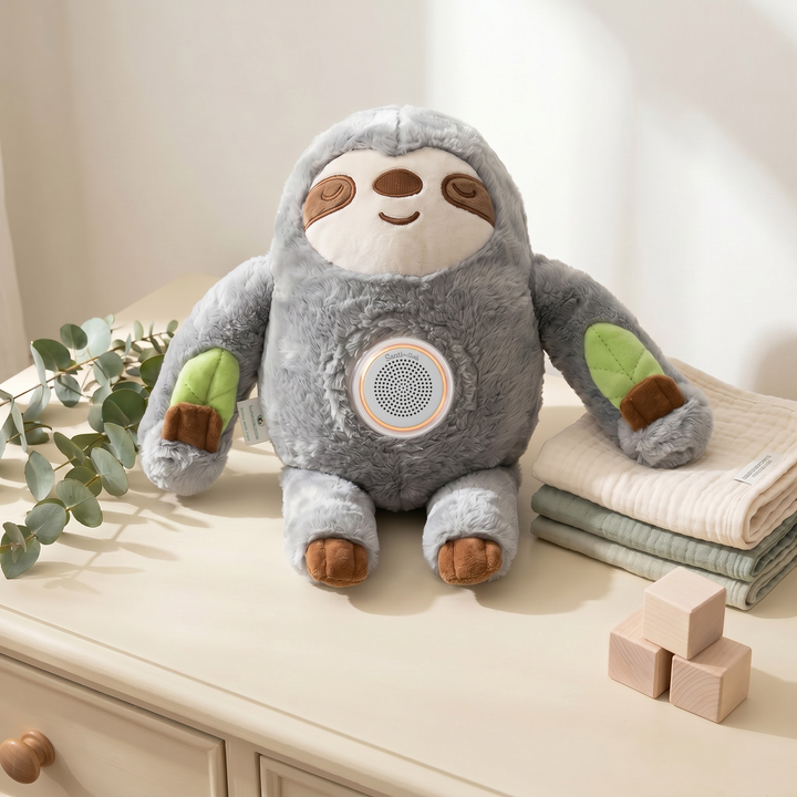 Plush sloth toy with a speaker on a wooden surface with eucalyptus leaves and blocks.