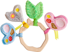 Load image into Gallery viewer, Santi The Sloth wooden baby teether toy with plush butterfly, heart, and leaf attachments in grey, blue, pink, and green.
