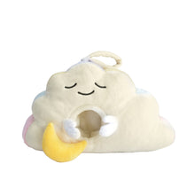 Load image into Gallery viewer, Santi The Sloth Dream Cloud plush toy with a crescent moon and pastel rainbow accents.