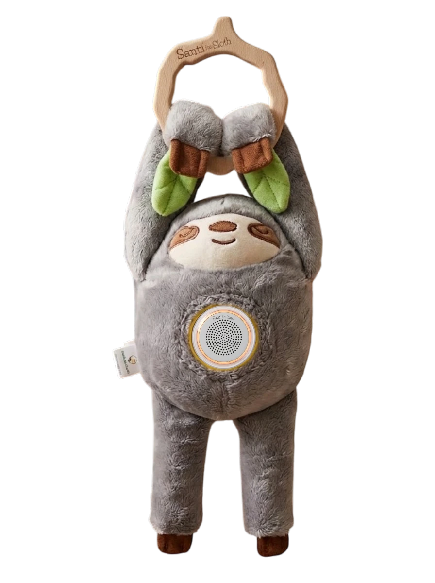Santi The Sloth Mini plush toy with sound machine and night light feature.