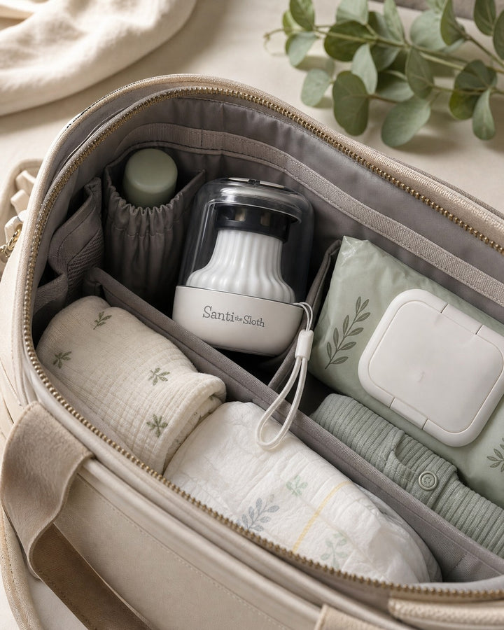 The Santi Mini packed in a nappy bag