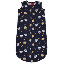 Load image into Gallery viewer, Santi The Sloth navy blue baby sleep bag with a celestial print of stars, moons, and clouds.