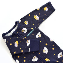 Load image into Gallery viewer, Santi The Sloth navy blue baby romper with a celestial print of sloths, clouds, and stars.