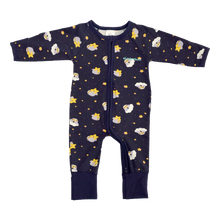 Load image into Gallery viewer, Santi The Sloth navy blue baby romper with yellow stars and clouds pattern. Long sleeves, zip front.