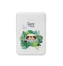 Load image into Gallery viewer, Santi The Sloth white power bank with a cute sloth illustration surrounded by tropical leaves and a butterfly.