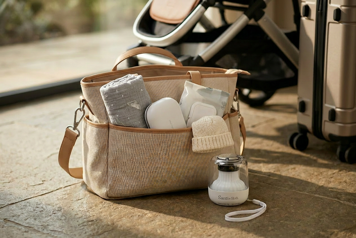 The Santi Mini packed in a nappy bag